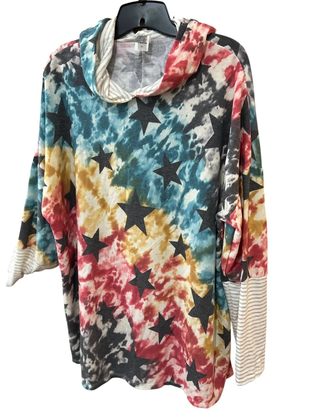 HoneyMe Curvy Long Sleeve Star Print Tunic Hoodie Tie Dye Multi-Color Size XXL
